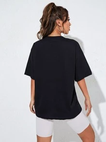 SHEIN EZwear Cattle And Slogan Graphic Drop Shoulder Tee - Black - View 2
