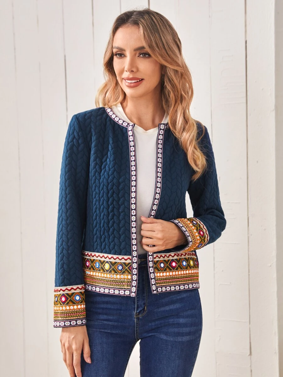 EMERY ROSE Áo khoác nữ Thêu Ruy băng Bộ lạc Boho - Màu xanh ngọc - Xem 1