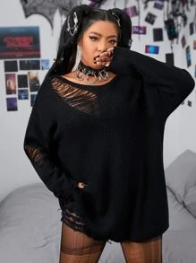 PUNK Jersey desgarro de hombros caídos sin cinturón - Negro - Ver 4