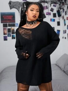 PUNK Jersey desgarro de hombros caídos sin cinturón - Negro - Ver 6