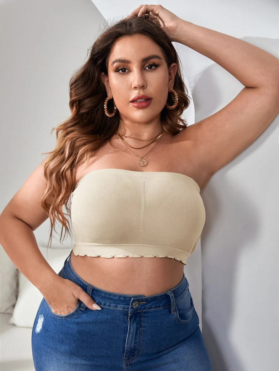 Plus Scallop Trim Tube Bralet - Beige - View 1