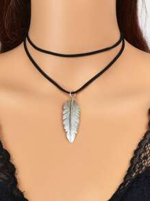葉子墜飾多層次項鍊 - 黑色 - 查看 1
