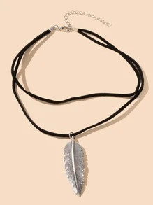 葉子墜飾多層次項鍊 - 黑色 - 查看 2