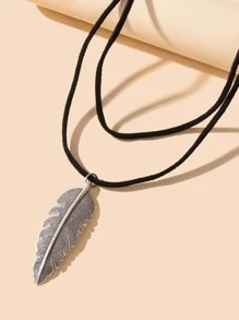 葉子墜飾多層次項鍊 - 黑色 - 查看 4
