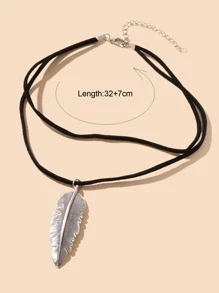 葉子墜飾多層次項鍊 - 黑色 - 查看 3