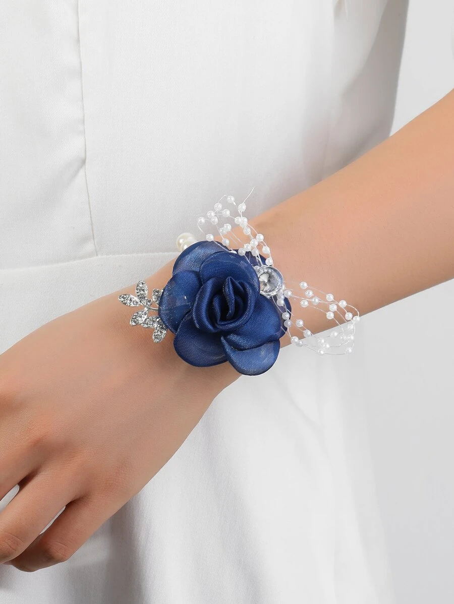 花和人造珍珠裝飾手腕胸花 - 彩色 - 查看 1