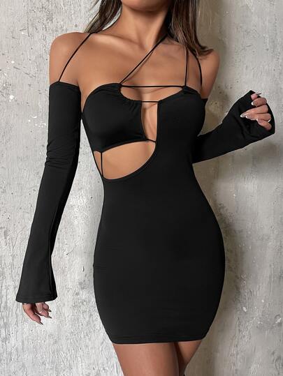 Asymmetrical Neck Cut Out Bodycon Dress