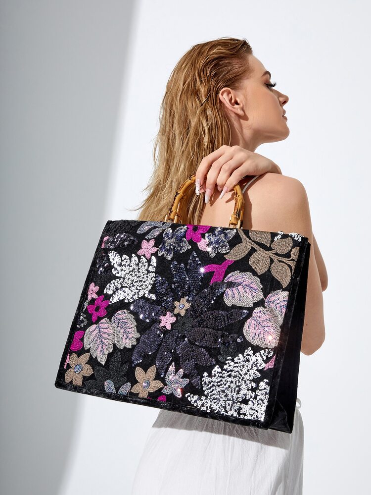 Abuyall Borsa da ricamo Etnico Paillettes Pavone Borsa A Tracolla Floreale Handmade Tela, Nero , Medium
