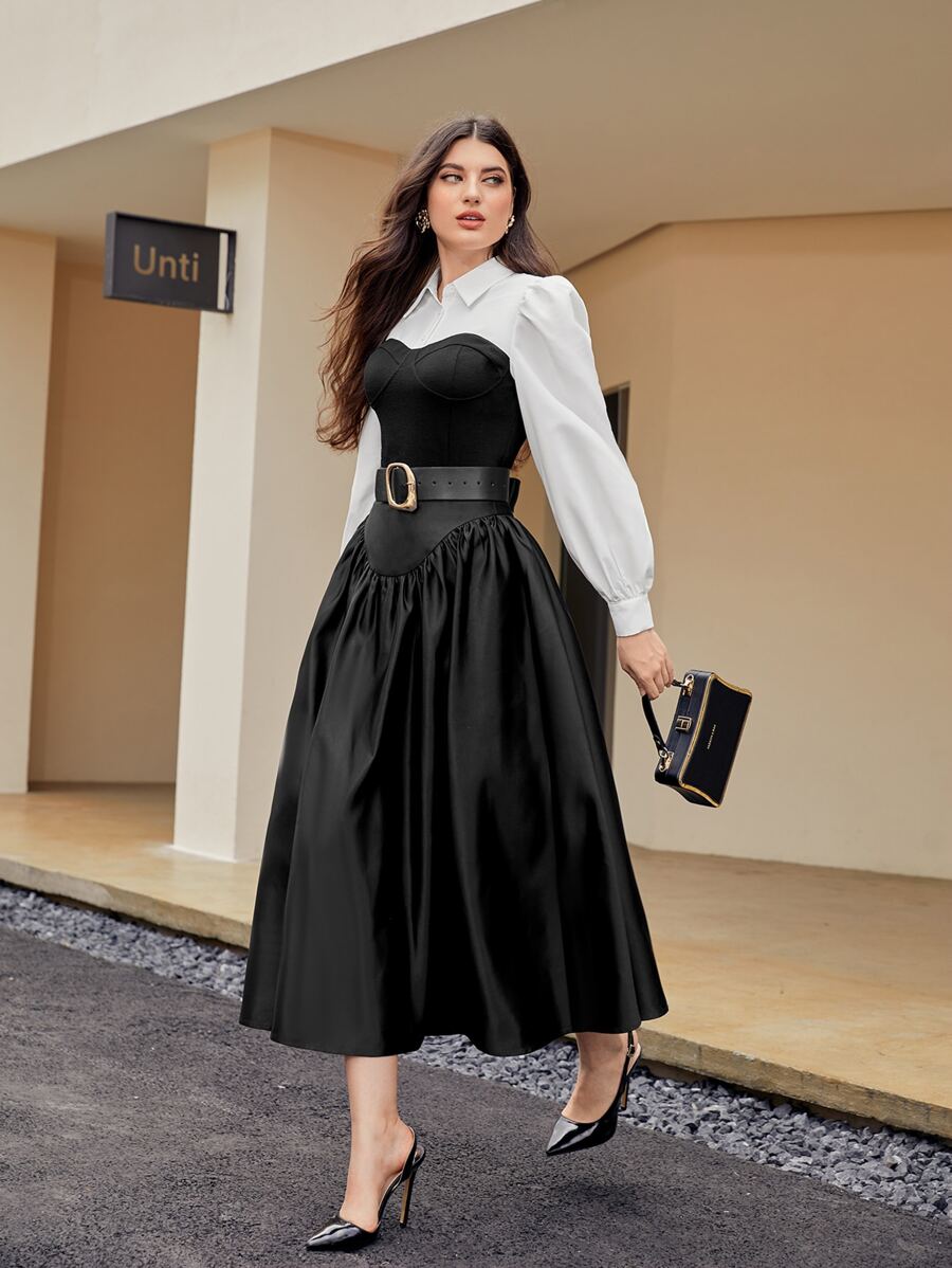 Modelyn Colourblock Puff Sleeve Top Without Belt - Black and White - View 1