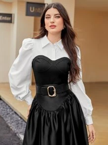 Modelyn Colourblock Puff Sleeve Top Without Belt - Black and White - View 3