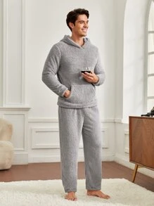 Men Kangaroo Pocket Hooded Teddy Lounge Set - Light Grey - View 1
