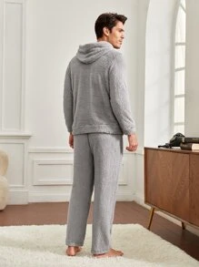 Men Kangaroo Pocket Hooded Teddy Lounge Set - Light Grey - View 2