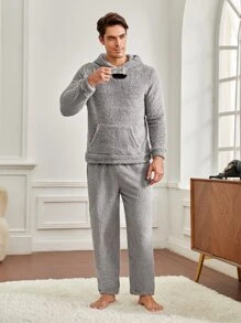 Men Kangaroo Pocket Hooded Teddy Lounge Set - Light Grey - View 3