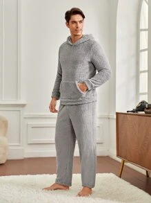 Men Kangaroo Pocket Hooded Teddy Lounge Set - Light Grey - View 5