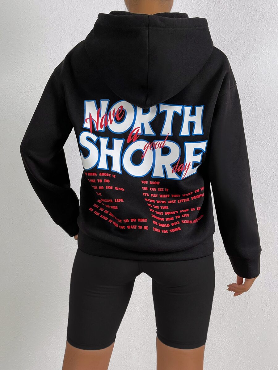 SHEIN Unity Hoodie Đồ họa Khẩu hiệu Thả vai Dây rút - màu đen - Xem 1