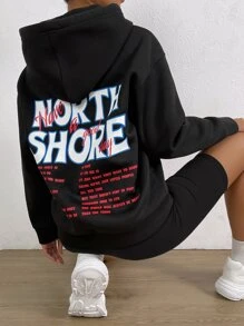 SHEIN Unity Hoodie Đồ họa Khẩu hiệu Thả vai Dây rút - màu đen - Xem 3