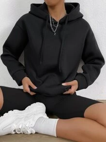 SHEIN Unity Hoodie Đồ họa Khẩu hiệu Thả vai Dây rút - màu đen - Xem 4
