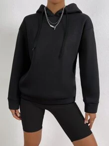 SHEIN Unity Hoodie Đồ họa Khẩu hiệu Thả vai Dây rút - màu đen - Xem 5