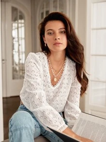 SHEIN Frenchy Lace Trim Eyelet Embroidery Top - White - View 1