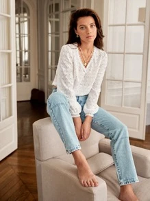 SHEIN Frenchy Lace Trim Eyelet Embroidery Top - White - View 8