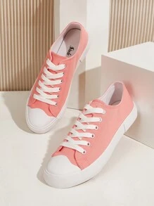 Lace-up Front Canvas Shoes - Pink - View 1