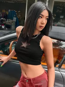 SHEIN ICON 星星刺繡漁網拼接鉚釘短款背心不附帶袖 - 黑色 - 查看 4