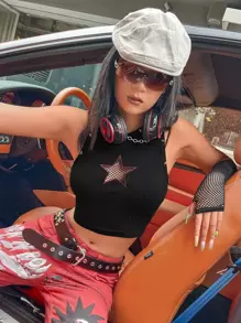 SHEIN ICON 星星刺繡漁網拼接鉚釘短款背心不附帶袖 - 黑色 - 查看 5