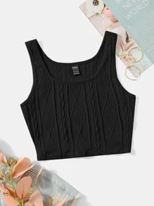 SHEIN Qutie Solid Textured Crop Top - Black - View 1