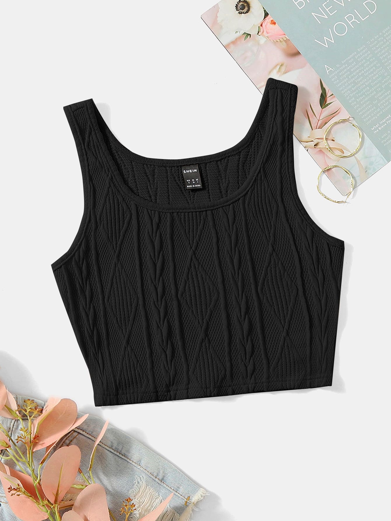 SHEIN Qutie Solid Textured Crop Top - Black - View 1