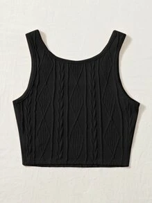 SHEIN Qutie Solid Textured Crop Top - Black - View 2