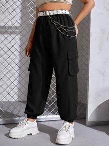 SHEIN EZwear 大碼翻蓋口袋工裝褲不附腰帶