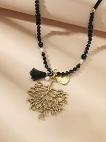 樹葉和流蘇墜飾串珠項鏈 - 彩色 - 查看 2