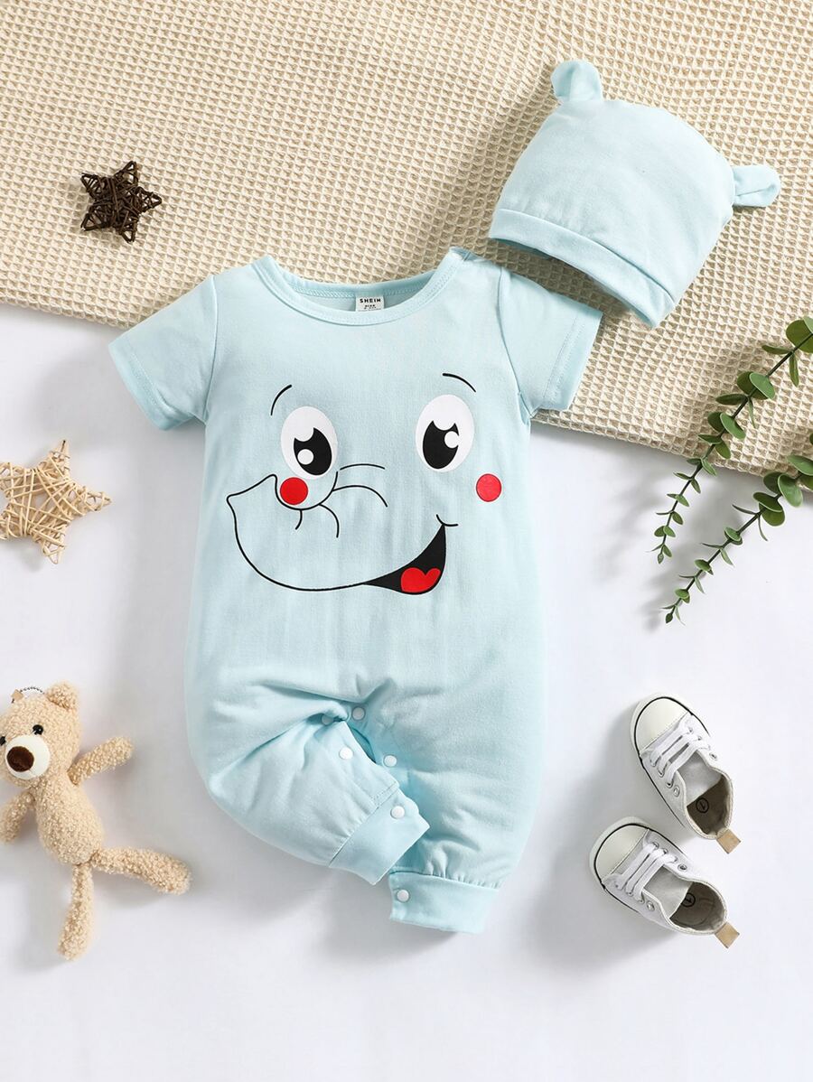 男嬰卡通圖案T恤連體褲和帽 - 薄荷藍 - 查看 1