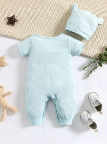 男嬰卡通圖案T恤連體褲和帽 - 薄荷藍 - 查看 2