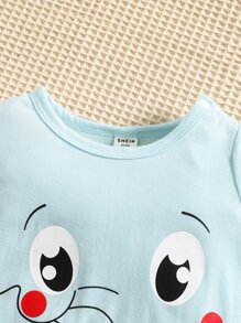 男嬰卡通圖案T恤連體褲和帽 - 薄荷藍 - 查看 4