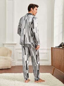 Men Striped & Geo Print Satin PJ Set - Grey - View 3