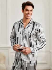 Men Striped & Geo Print Satin PJ Set - Grey - View 2