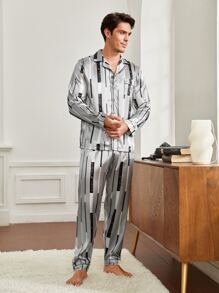 Men Striped & Geo Print Satin PJ Set - Grey - View 4
