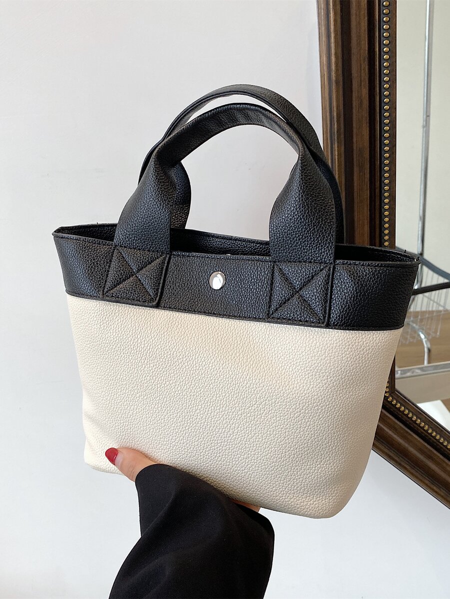 CONTAINEVERY Colourblock Lychee Embossed Top Handle Bag - Black and White - View 1