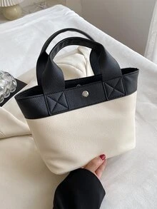 CONTAINEVERY Colourblock Lychee Embossed Top Handle Bag - Black and White - View 2