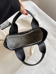 CONTAINEVERY Colourblock Lychee Embossed Top Handle Bag - Black and White - View 4