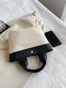 CONTAINEVERY Colourblock Lychee Embossed Top Handle Bag - Black and White - View 5