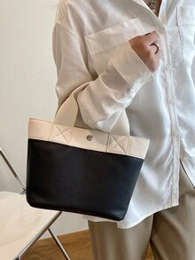 CONTAINEVERY Colourblock Lychee Embossed Top Handle Bag - Black and White - View 6