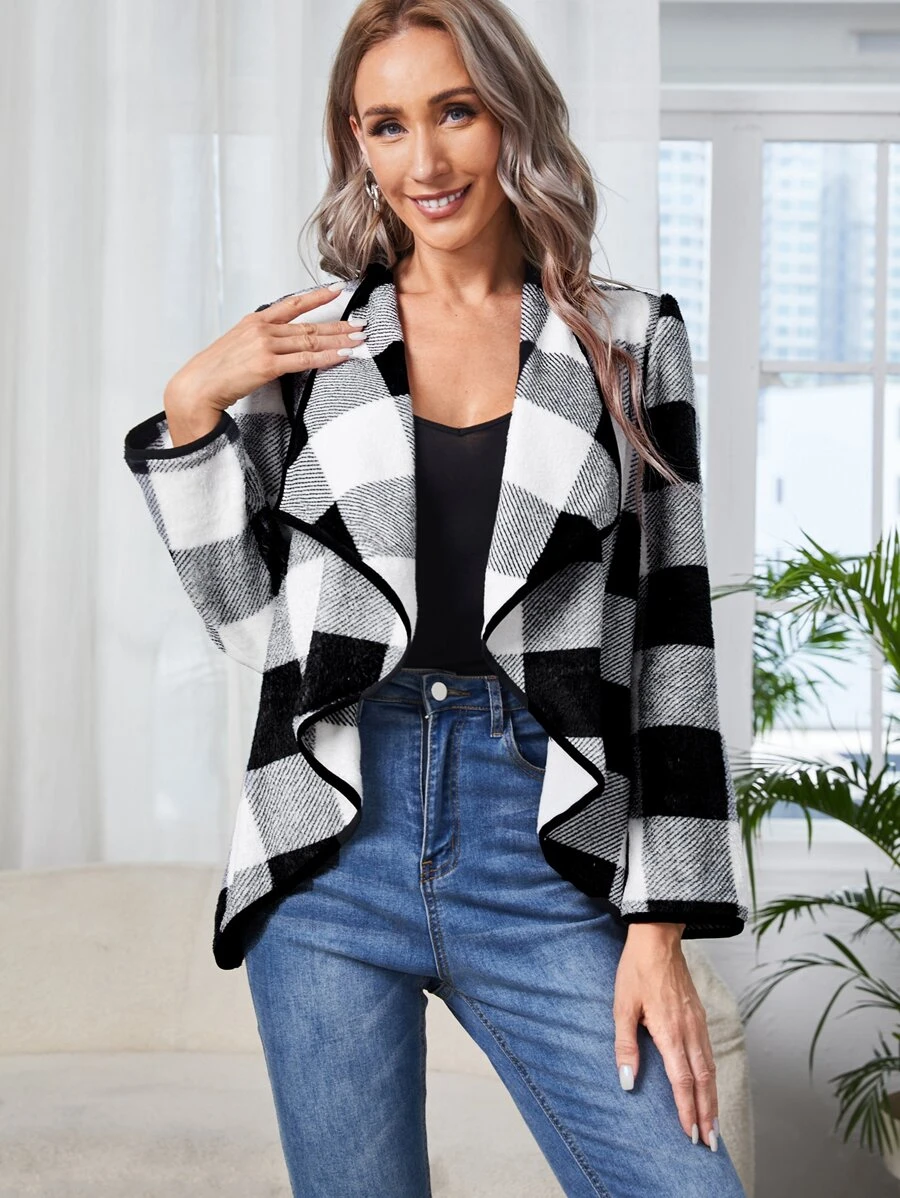 EMERY ROSE Buffalo Plaid Print Contrast Binding Open Front Coat - Black and White - View 1