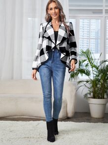 EMERY ROSE Buffalo Plaid Print Contrast Binding Open Front Coat - Black and White - View 3