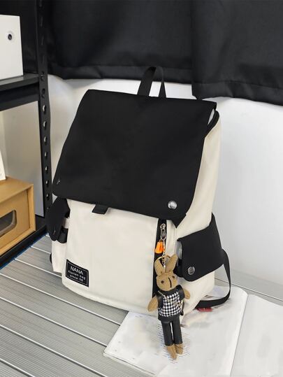 字母图案翻盖背包，带包饰，适合毕业生、少女、大一、大二、大三和大四学生（大学、大学和高中），非常适合户外、旅行和返校，拉链、隔层、多功能、大容量学校用品、学校背包、大学、初中、返校、高中、旅行、户外，适合少女、在校学生、青少年，可爱、时尚、时尚、简约帆布包