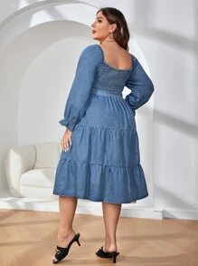 Vestido mezclilla de cuello cuadrado de manga con volante bajo con fruncido con cinturón - Azul lavado medio - Ver 2