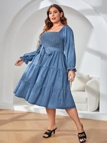 Vestido mezclilla de cuello cuadrado de manga con volante bajo con fruncido con cinturón - Azul lavado medio - Ver 4