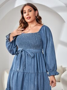Vestido mezclilla de cuello cuadrado de manga con volante bajo con fruncido con cinturón - Azul lavado medio - Ver 5