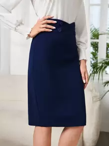 EMERY ROSE Váy nữ Bất đối xứng Nút Chia Dây kéo màu trơn Thanh lịch - Màu xanh hải quân - Xem 1